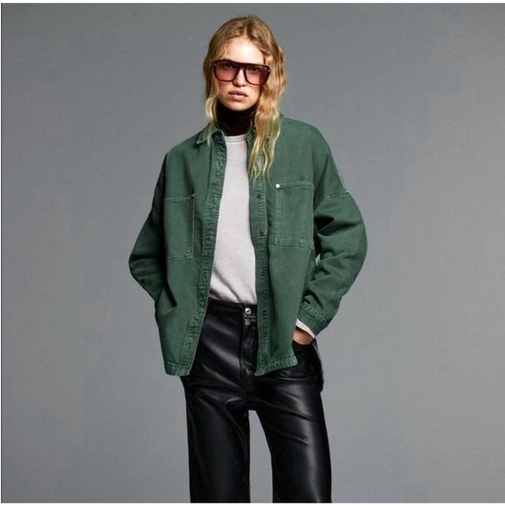 Zara Green Oversized Denim Shirt Jacket
